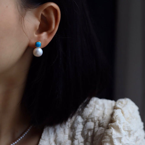 Blue Turquoise and Pearl Stud Earrings - House Of Pearls